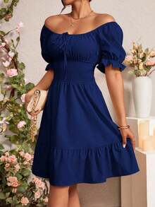 Vestido de mujer de manga corta con cuello cuadrado de unicolor, de moda para el verano - Azul marino - Ver 4