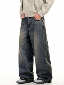 1pc Justice Brother Casual Commuter Men's Loose Fit Wide Leg Jeans, Classic Versatile Design (Excluding Belt/Accessories) - Dusty Blue - View 8
