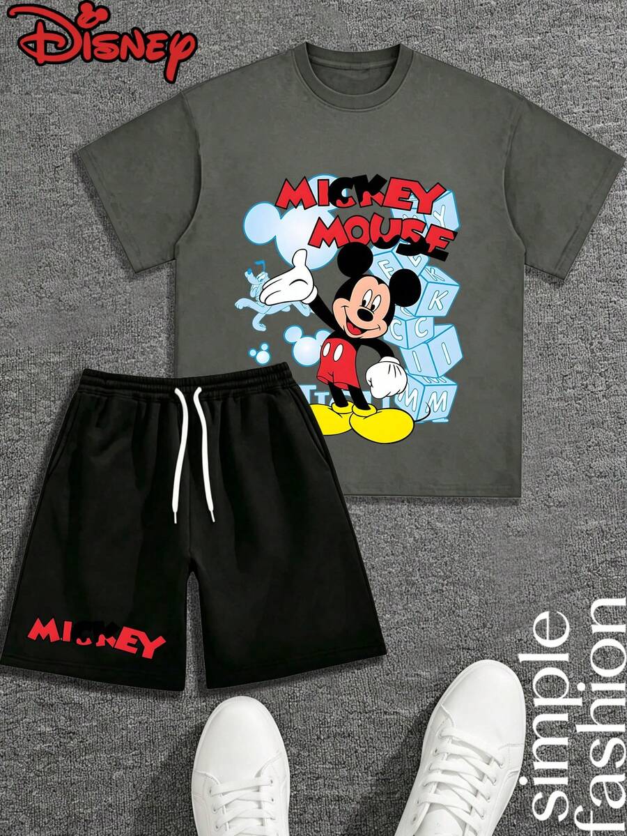 This Disney Mickey Mouse Themed T-Shirt And Shorts Set Features Eye-Catching Street-Style Cartoon Prints, A Relaxed And Casual Fit, And Pairs Perfectly With White Sneakers For A Stylish Look. It Exudes Youthful Energy. - Xám + Đen - Xem 1