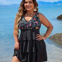 Swim Lushore Plus Size Floral Print Patchwork Tankini Swimwear Set For Summer Beach Vacation - Multicolor - Ver 2