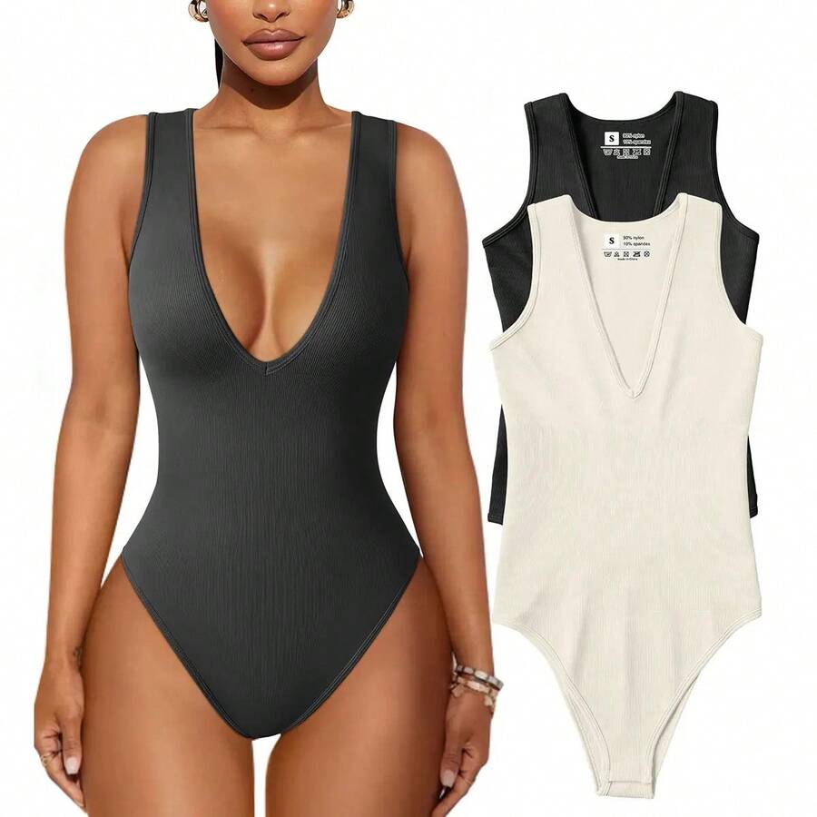 ZZL 2-Pack V-Neck Bodysuits | Ribbed Sleeveless Leotard Top | Sexy Fashion For Parties And Clubs - Black/beige - View 1