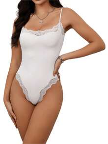ZZL Body de Encaje con Escote Cuadrado| Top de Tirantes Finos Sin Mangas| Ropa Interior Sensual y Jumpsuit Casual para Mujer - Negro - Ver 2