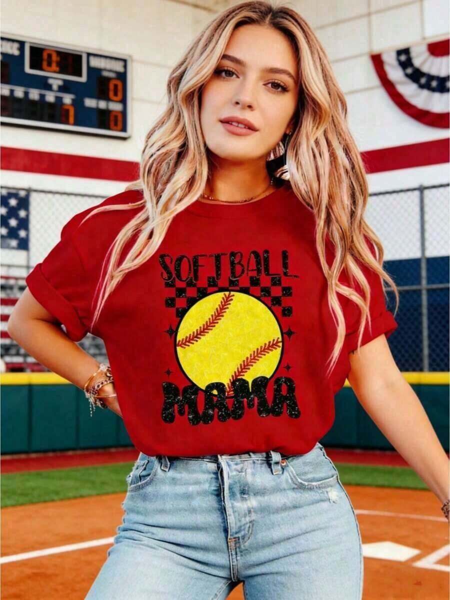 Camiseta Retro de Softbol para Mamá, Camiseta de Softbol, Camiseta Deportiva, Camiseta Retro para Mamá, Camiseta de Softbol para Mamá, Regalos para Mamá, Brillo Falso, Camiseta Clásica de Algodón Grueso de Manga Corta Oversize con Estampado Gráfico, Top Casual de Manga Corta para Mujer, Ropa Deportiva de Manga Corta, Ropa de Verano Y2Y-Y4TU, ropa de calor para mujer, blusas de mujer, tallas S-3XL - Rojo - Ver 1