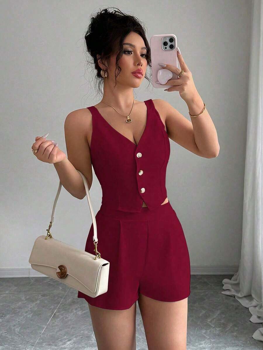 de 2 piezas de top con botones delanteros y dobladillo con abertura + shorts de unicolor casual y de uso diario para mujer - Burdeos - Ver 1