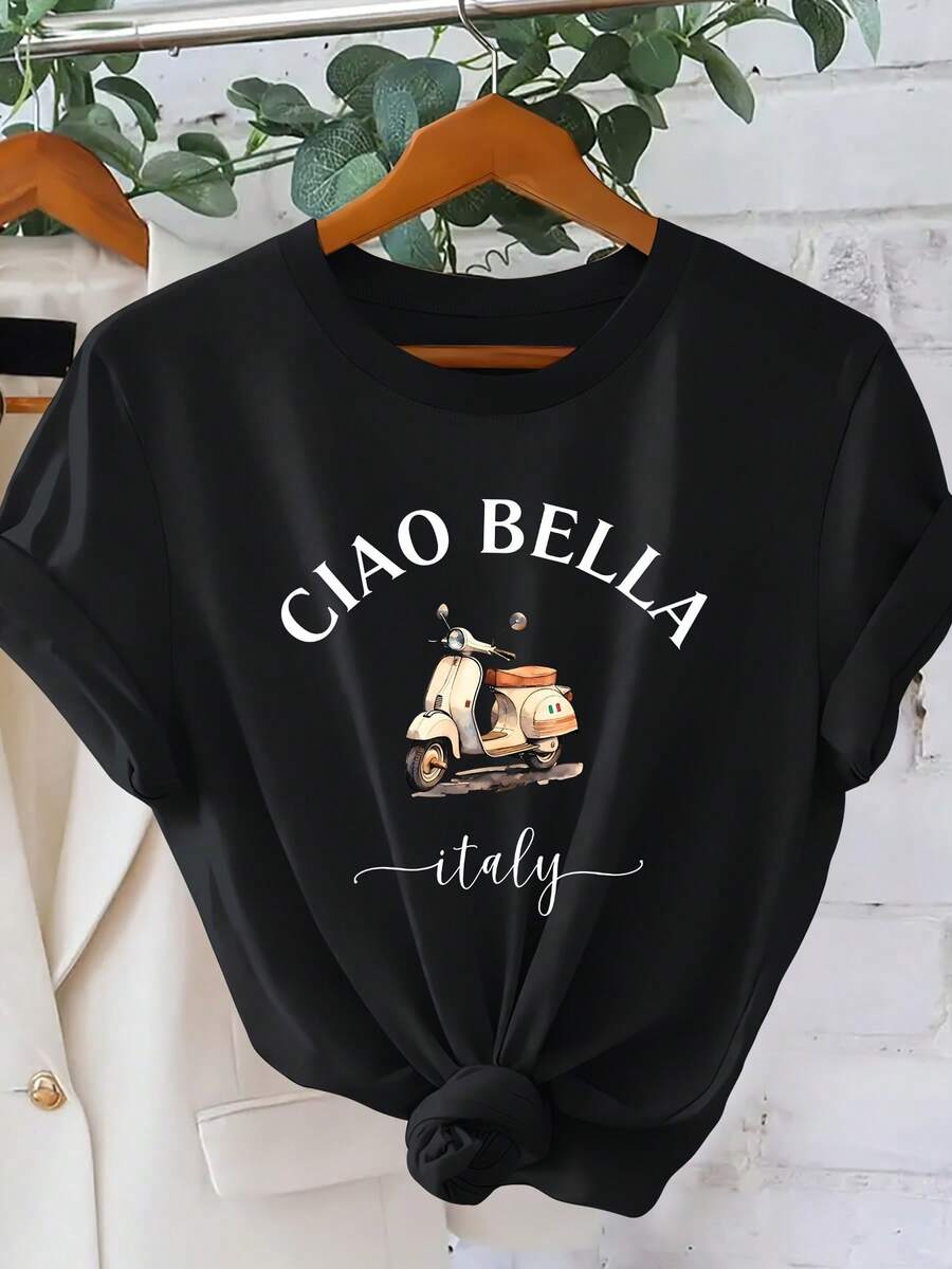 Camiseta de manga corta para mujer con estampado de motocicleta italiana, estilo vacacional, para primavera y verano, adecuada para el uso diario, elegante y estilizadora, con cuello redondo sencillo, cómoda y transpirable. - Negro - Ver 1