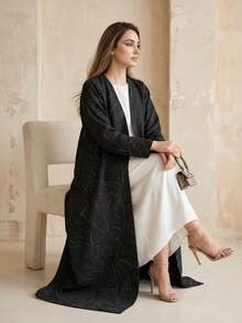 Áo khoác Abaya dài dáng rộng màu xanh nhạt in họa tiết đường kẻ cơ bản, áo cardigan dáng suông tôn dáng, áo choàng mặc hàng ngày thanh lịch và đa năng dành cho phụ nữ. - màu đen - Xem 2