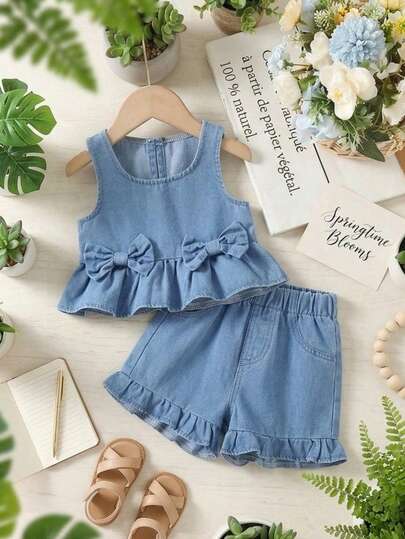 Conjunto de 2 piezas para niñas bebé con top sin mangas con lazo 3D y shorts vaqueros azules con dobladillo floral retro, para uso casual y al aire libre