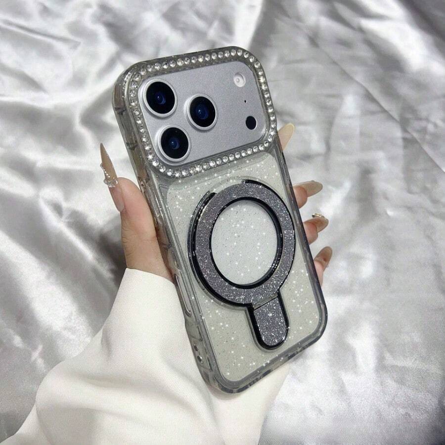 Minimalist Diamond-Encrusted Lens Glitter Stand Soft Case, Transparent Drop-Proof Phone Case With Ring Holder Compatible With IPhone 17 Pro Max, 16 Pro, 15, 14, 13 And 12, Suitable For Men And Women. - màu đen - Xem 1