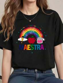 NewSummerCasual Women's Rainbow Teacher Style T-Shirt, Soft Cotton, Loose Fit, Breathable, Urban Hip-Hop Style, With Eye-Catching Print.-Vintage Street Style Unisex Loose Cotton Short Sleeve Crew Neck T-Shirt - 黑色 - 查看 6