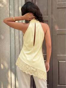 Top de tirantes negro para mujer, bajo asimétrico, diseño de espalda abierta, con ribete de encaje en contraste, longitud regular para verano - amarillo ganso - Ver 3