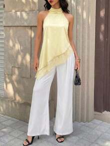 Top de tirantes negro para mujer, bajo asimétrico, diseño de espalda abierta, con ribete de encaje en contraste, longitud regular para verano - amarillo ganso - Ver 5