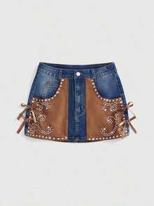 Western Cowgirl Suede Patchwork Large Pocket Distressed Vintage Denim A-Line Skirt For Women - Lavado medio - Ver 1