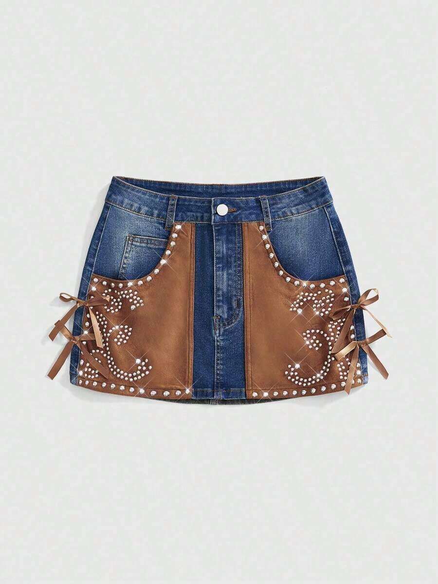 Western Cowgirl Suede Patchwork Large Pocket Distressed Vintage Denim A-Line Skirt For Women - Lavado medio - Ver 1