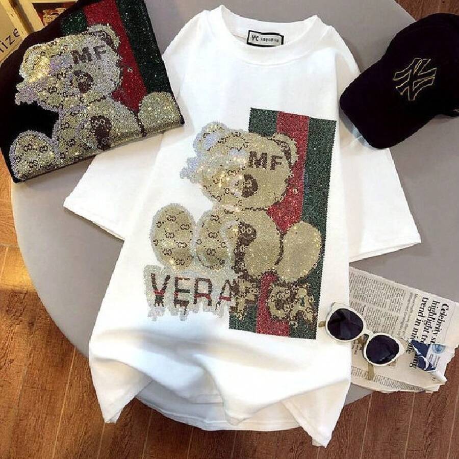 Ropa elegante de mujer de estilo europeo, de puro algodón, camiseta de manga corta adornada con pedrería de alta calidad, de longitud media, corte holgado, talla grande, top de media manga. - Blanco - Ver 1