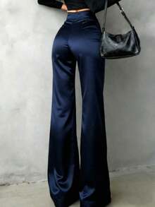Pantalones rectos de satén de cintura alta para mujer, aptos para uso diario, oficina, traslados, hogar, citas, pequeñas fiestas y eventos sociales ligeros.Color: Negro.Temporada: Primavera - Azul marino - Ver 5