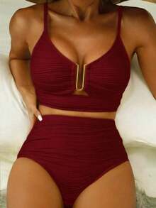 Conjunto de bikini de traje de baño de mujer con volantes, textura sólida y recortes huecos, separados, para vacaciones de playa en verano 2025 - Burdeos - Ver 6
