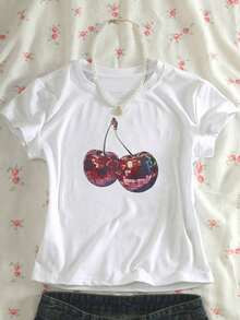 Camiseta de manga corta para mujer con estampado de eslogan, cuello redondo, estilo casual y versátil, para el tiempo libre. - Blanco 2 - Ver 3