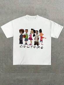 T-Shirt With Proud Family Cartoon Character Graphic Print (1 Piece), 100% Cotton, Casual Print, Crew Neck, Short Sleeve, 180g Cotton T-Shirt RMKU TCUQ - 白色的 - 查看 7