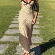 Yuwenier Elegant Romantic A-Line Satin Polka Dot Print Maxi Dress, Lace Patchwork Spaghetti Strap, Open Back, Suitable For Valentine's Day, Music Festival, Beach Holiday Black Summer - Negro - Ver 8