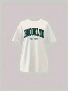 Brooklyn Letter Print Crew Neck T-Shirt In Polyester Fabric, Casual Short Sleeve Top With Dropped Shoulders, Women's Clothing - 白色 - 查看 2