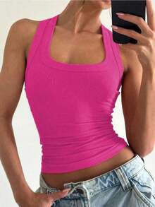 Camiseta de tirantes de mujer Floreya con cuello cuadrado, top corto casual de ajuste ceñido sin mangas, versátil para usar por sí solo o en capas, estilo minimalista francés, apto para todas las estaciones, verano - Rosado Sandía - Ver 2