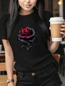 Women's Short-Sleeved Top With A Vintage Black And Red Rose Design, Casual Round Neck, Beautiful, Lightweight, And Soft For Spring/Summer. A Great Birthday Gift, Gift For A Friend, A Gift For A Sister, A Gift For A Mother (1), Or For Easter, Halloween, Thanksgiving, And More. - 黑色 - 查看 1