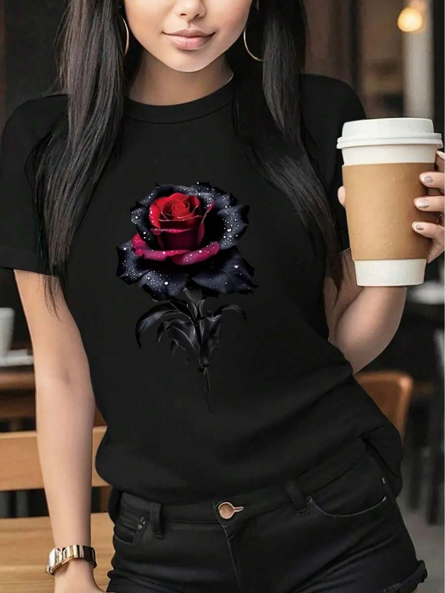 Women's Short-Sleeved Top With A Vintage Black And Red Rose Design, Casual Round Neck, Beautiful, Lightweight, And Soft For Spring/Summer. A Great Birthday Gift, Gift For A Friend, A Gift For A Sister, A Gift For A Mother (1), Or For Easter, Halloween, Thanksgiving, And More. - 黑色 - 查看 1