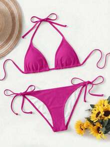 Women's Simple Solid Color Swim Bikini With A Halter Neck And Cutout, Suitable For Beach Vacations And Summer. - Fuchsia Pink 2 - View 3