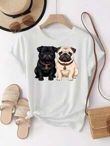 Adorable estampado de perro Pug, lleno de encanto.Una camiseta de moda casual de manga corta y cuello redondo para mujer, top cómodo con un diseño divertido - Negro - Ver 7