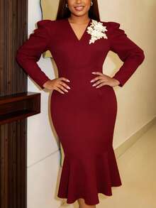 Plus Size Women Applique Floral Puff Long Sleeve Bodycon Mermaid Midi Curve Formal Dress - Burgundy - View 4