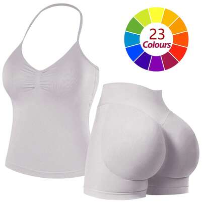 2pcs Halter Top & Shorts Women Longline Halter Tops Workout Longline Tank Top Compression Gym Fitness