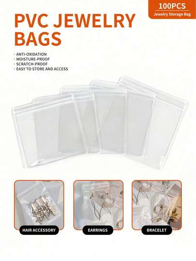 100pcs, PVC Transparent Jewelry Sealed Bag, Earring Jewelry Storage Bag, Jewelry Self Sealing Bag, Portable Packaging Bag, Suitable For Rings, Earrings, Bracelets, Necklaces And Other Accessories