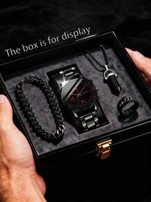 4pcs/Set Business Style Men's Watch Set, Including 1 Black Dial Moon Phase Chronograph Watch With Steel Strap, 1 Cuban Link Bracelet, 1 Pendant Necklace, And 1 Engraved Ring - Silver - View 16