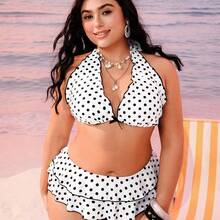 Swim Mod Plus Size Women 2pcs Black Polka Dot Print Halter Tie Sexy Beach Vacation Bikini Swimsuit - Azul Marino - Ver 6