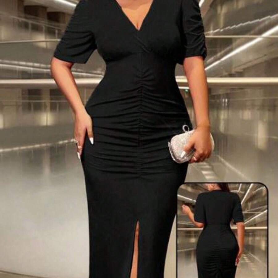 Cravure Plus Size V-Neck Short Sleeve Ruched Fitted Charming & Elegant Split Hem Dress For New Year Clothes Maxi Women Outfit Prom - Negro - Ver 1
