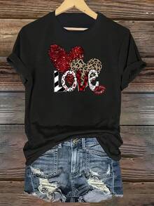 Camiseta Casual de Manga Corta para Mujer - Diseño de Corazón Brillante y Estampado de Leopardo para el Día de San Valentín con la Letra LOVE en Negrita, Cuello Redondo de Corte Holgado, Lavable a Máquina, Top para Todas las Temporadas, Atuendo Diario, Estilo Divertido, Fácil Cuidado, Camiseta Estampada, para Amantes de la Moda - Negro - Ver 1