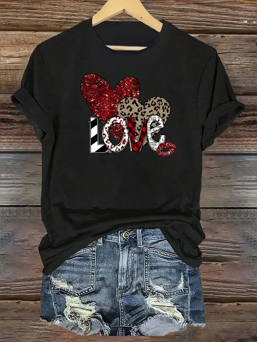 Camiseta Casual de Manga Corta para Mujer - Diseño de Corazón Brillante y Estampado de Leopardo para el Día de San Valentín con la Letra LOVE en Negrita, Cuello Redondo de Corte Holgado, Lavable a Máquina, Top para Todas las Temporadas, Atuendo Diario, Estilo Divertido, Fácil Cuidado, Camiseta Estampada, para Amantes de la Moda - Negro - Ver 1