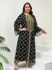 JINLICX Plus Size Black Gold Geometric Embroidered Flare Sleeve Abaya Maxi Dress - Black - View 5