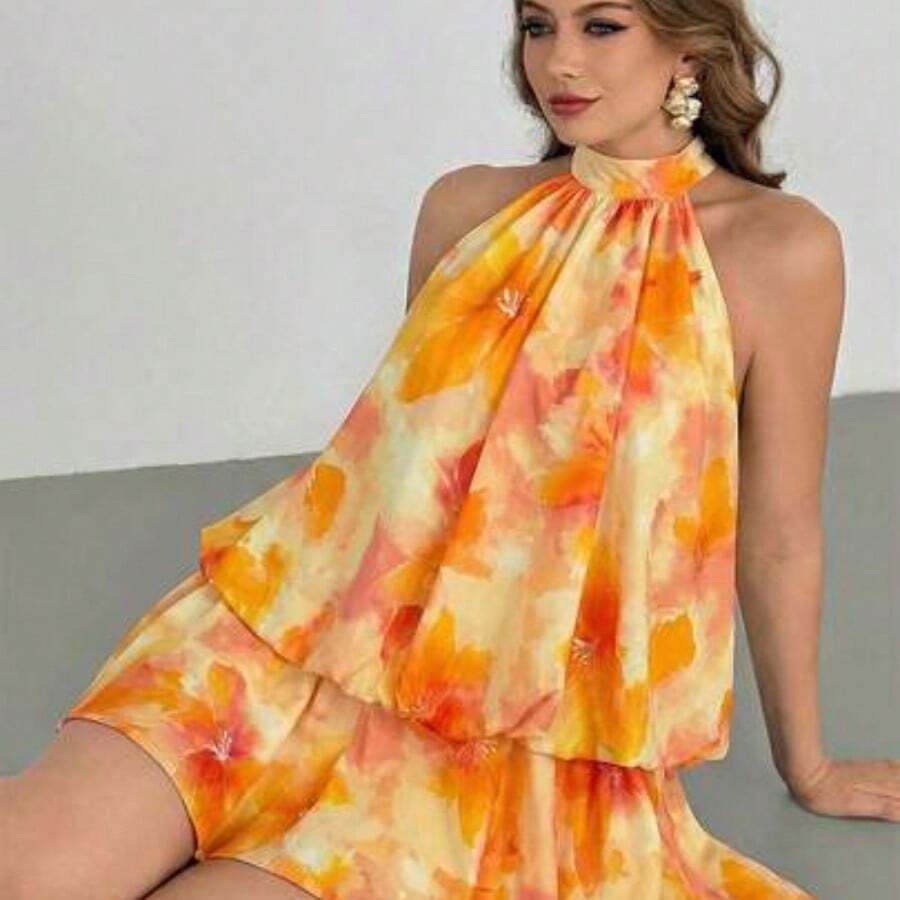 Auralis Elegant Light Yellow Halter Tie Waist Loose Flared Ruffle Hem Plus Size Women Mini Dress, Suitable For Concerts, Performances, Dates, Balls, Valentine's Day, Parties, Sexy & Elegant Romantic, Office Lady, Mermaid Style, Casual Daily, Beach Holiday/Yellow Loose-Fitting Backless Tie-Up Vacation Mini Dress/Mini Dress/Yellow Dress With Lining Wedding Dress For Women - Multicolor - Ver 1