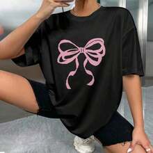 1 pieza de camiseta unisex de gran tamaño 100% algodón con elegante estampado de lazo rosa. 210g 100% algodón, los diseños están completamente impresos. Unisexo. - Negro - Ver 4
