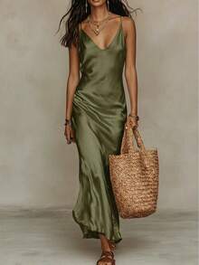 Women's Knit Sweater And Satin Slip Dress Two-Piece Set With - Dark Green Suit - View 3