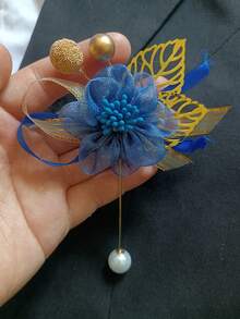 1pc Unisex Blue Rose & Daisy Flower Brooch, Gold Accent, Wedding Lapel Flower Decor, 1pc,Festival,Birthday - Multicolor - View 6