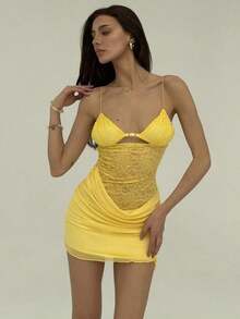 Nuevo vestido camisero romántico y sexy con cuello en pico, contraste de malla brillante y shorts, mini vestido anti-destellos - Amarillo - Ver 5