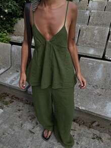 Conjunto de 2 piezas para mujer : Top de camisola elegante y pantalones holgados con cordón, camisola de lino con escote en V profundo y diseño sin espalda, y pantalones de cintura relajada, conjunto sexy, lindo y elegante para el verano - Verde - Ver 12