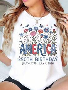 America 250th Birthday Floral Print Women T Shirt Round Neck Casual Independence Day Gift 250 Years Anniversary 220gRopa De Mujer / Ropa De Mujer De Uso Diario / Blusas, Camisas Y Camisetas De Mujer / Camisetas De Mujer Ropa Deportiva Basicos Mujer Short Playeras Para Hombre - Blanco - Ver 8