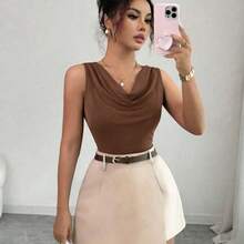 1 conjunto de top sin mangas de cuello en V ajustado de color marrón con falda pantalón de oficina de color albaricoque para mujer - Marrón - Ver 5