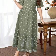 Lacomfia Vestido elegante de línea A con cuello en V, manga corta y ajuste de cintura, con estampado floral para mujer de talla grande - Verde - Ver 4