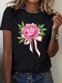 Camiseta Holgada de Estilo Bohemio para Mujer, Talla Grande, Color Negro, con Estampado de Peonías Rosadas, Manga Corta, Cuello Redondo, Uso Diario Casual Semi-Formal, Lavable a Máquina, Camiseta Estampada Ecológica - Negro - Ver 3