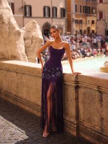 New Heavy Work Sexy Women's Pink 3D Floral Rhinestone Decor Off-Shoulder Backless Tassel Evening Gown, Wedding Party Banquet Dress - Dark Purple - View 6