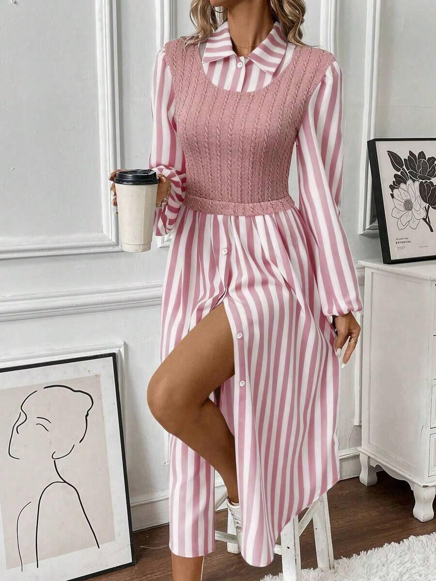 XHEPariaura 1 pieza Vestido camisa de manga larga informal para mujer con aspecto en capas, atuendo de mujer maxi de otoñoXHE - Rosa - Ver 1